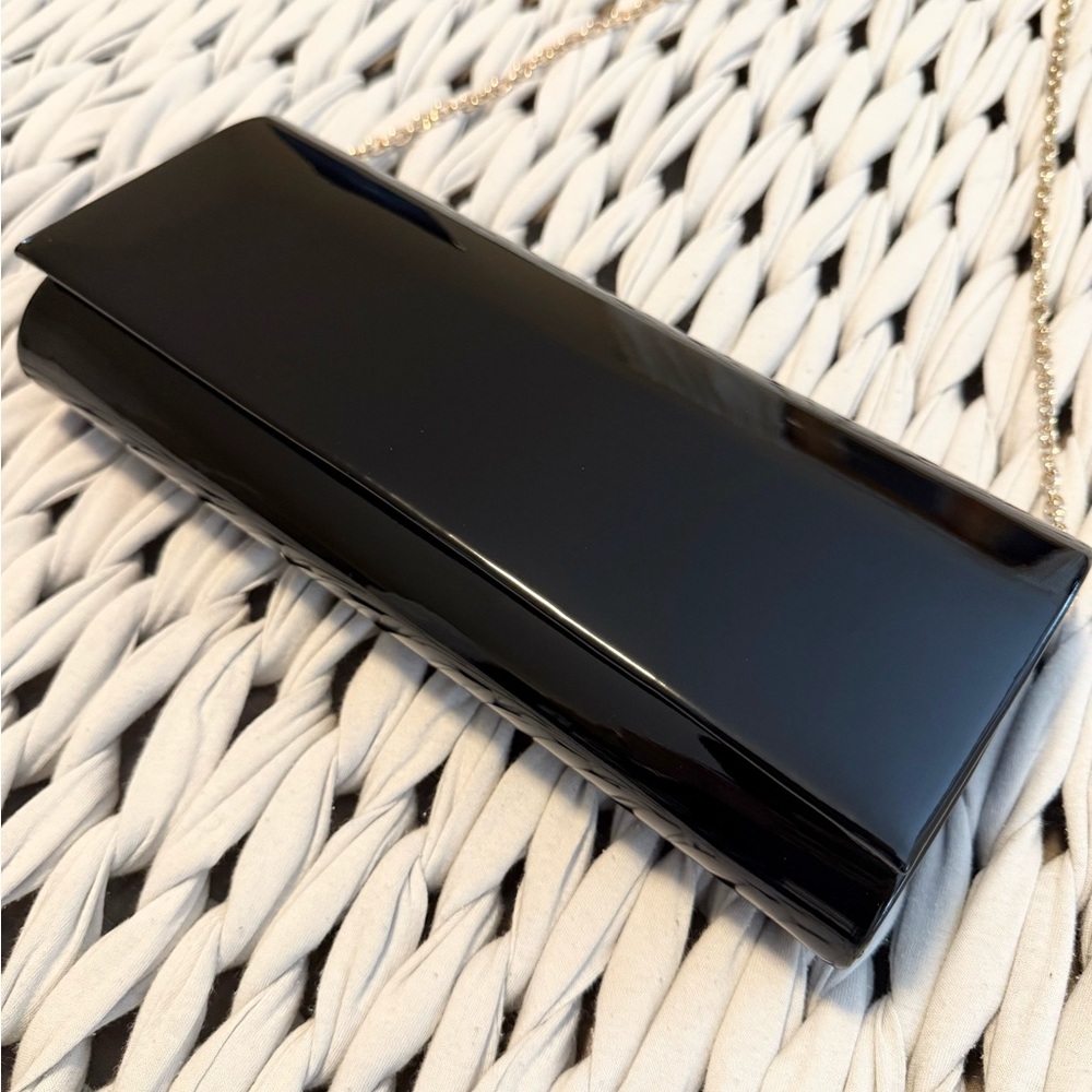Le Chateau Black Patent Leather Clutch with Gold Chain